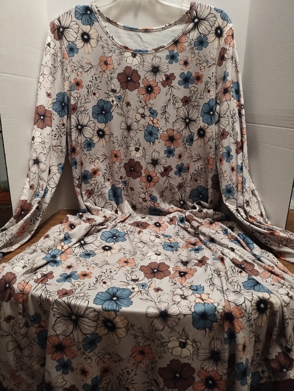 Floral Long Sleeve Knit Dress in Cream with Blue & Brown Flowers